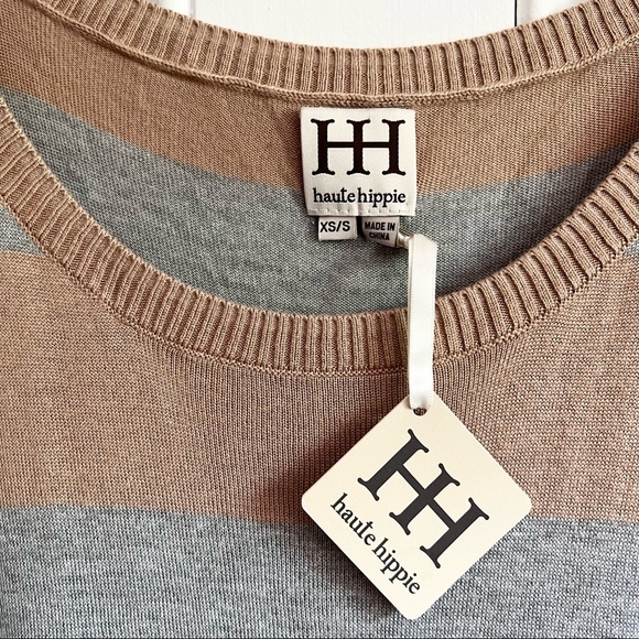 NWT Haute Hippie Pullover Camel Tan Gray Viscose Silk Striped Sweater Size XS/S - Picture 9 of 10